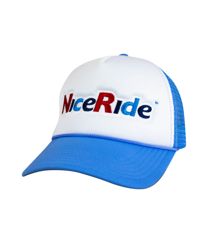 Smile foam trucker hat in blue and white with embroidered NiceRide logo on the front.