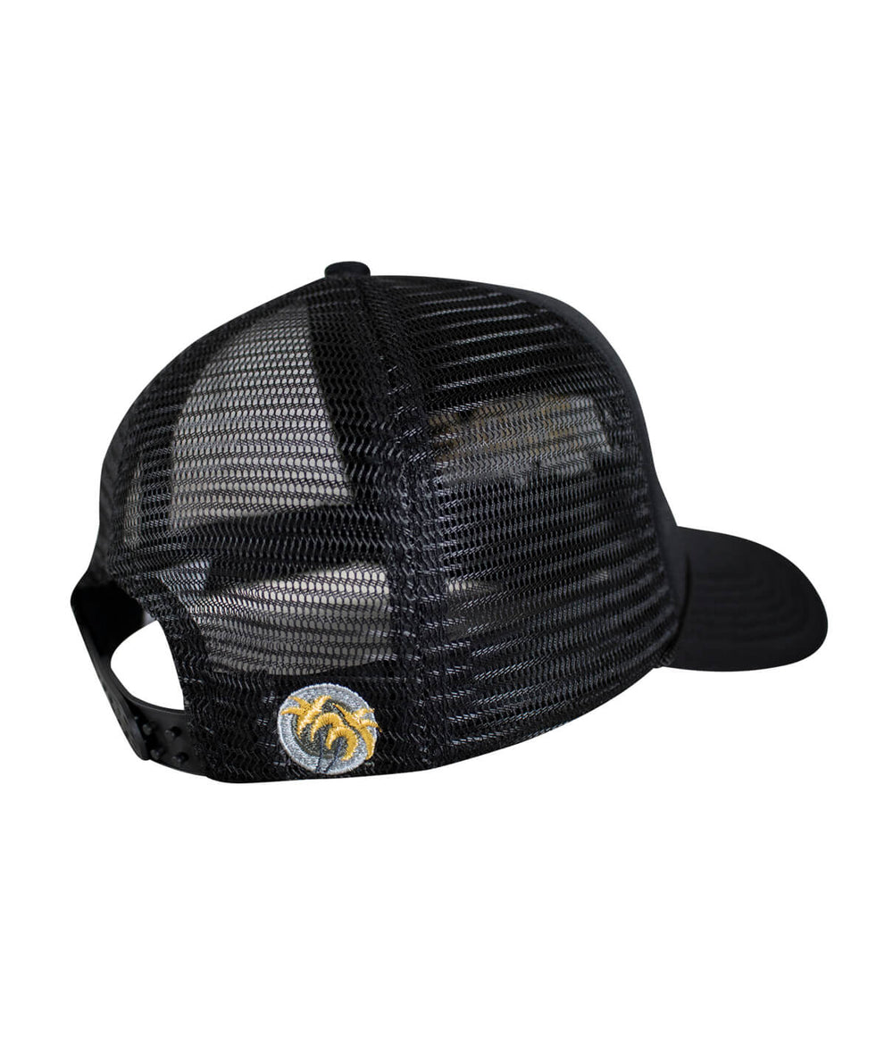 Back view of 24 karat Foam Trucker Hat showcasing the Blacked Out Classic Palm Logo embroidered.