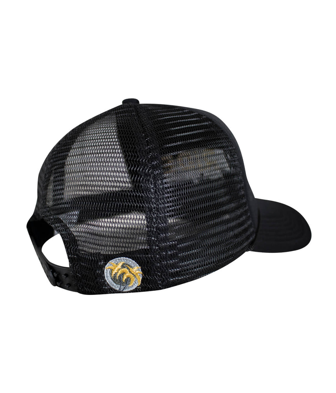 Back view of 24 karat Foam Trucker Hat showcasing the Blacked Out Classic Palm Logo embroidered.