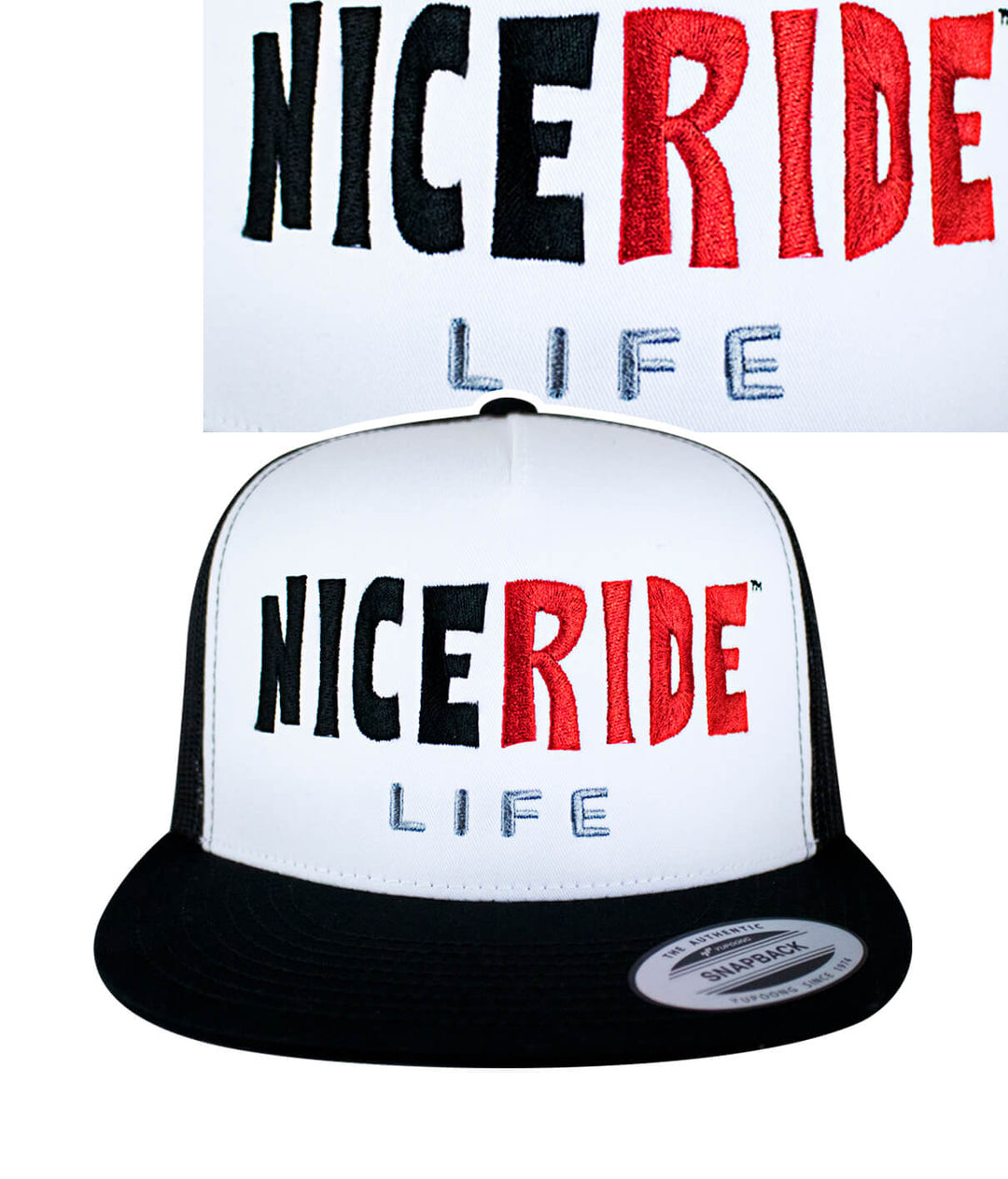 Overboard Trucker Hat featuring NICERIDE embroidered logo on front and palm logo on back, a stylish hat for all occasions.