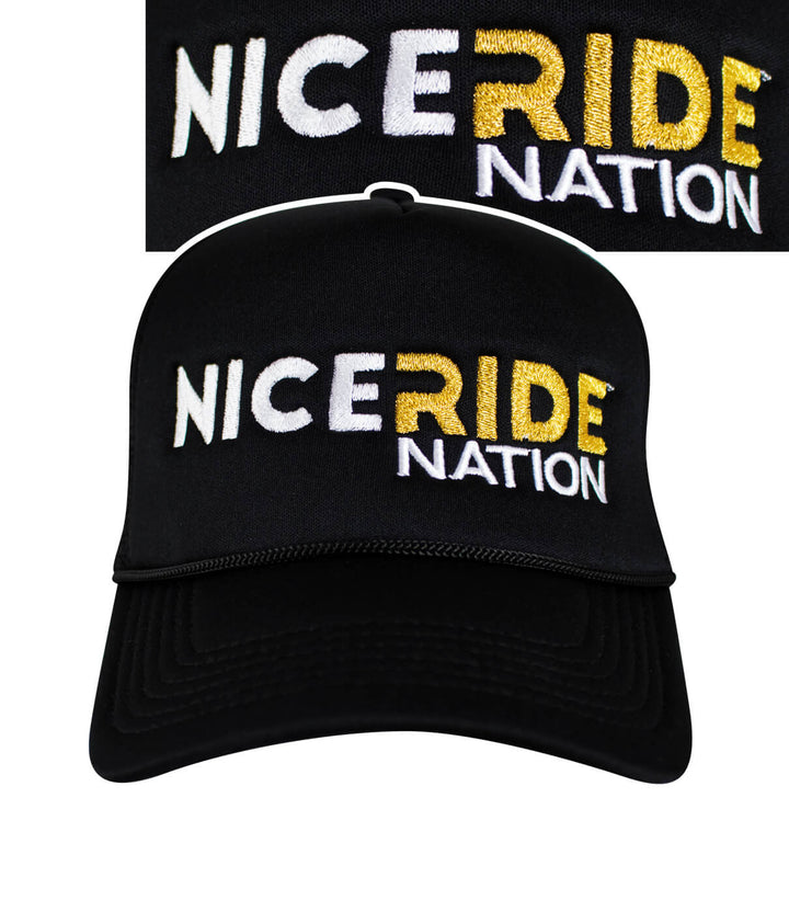 24 karat Foam Trucker Hat with NICERIDE logo embroidered on front panel and back, showcasing stylish design.