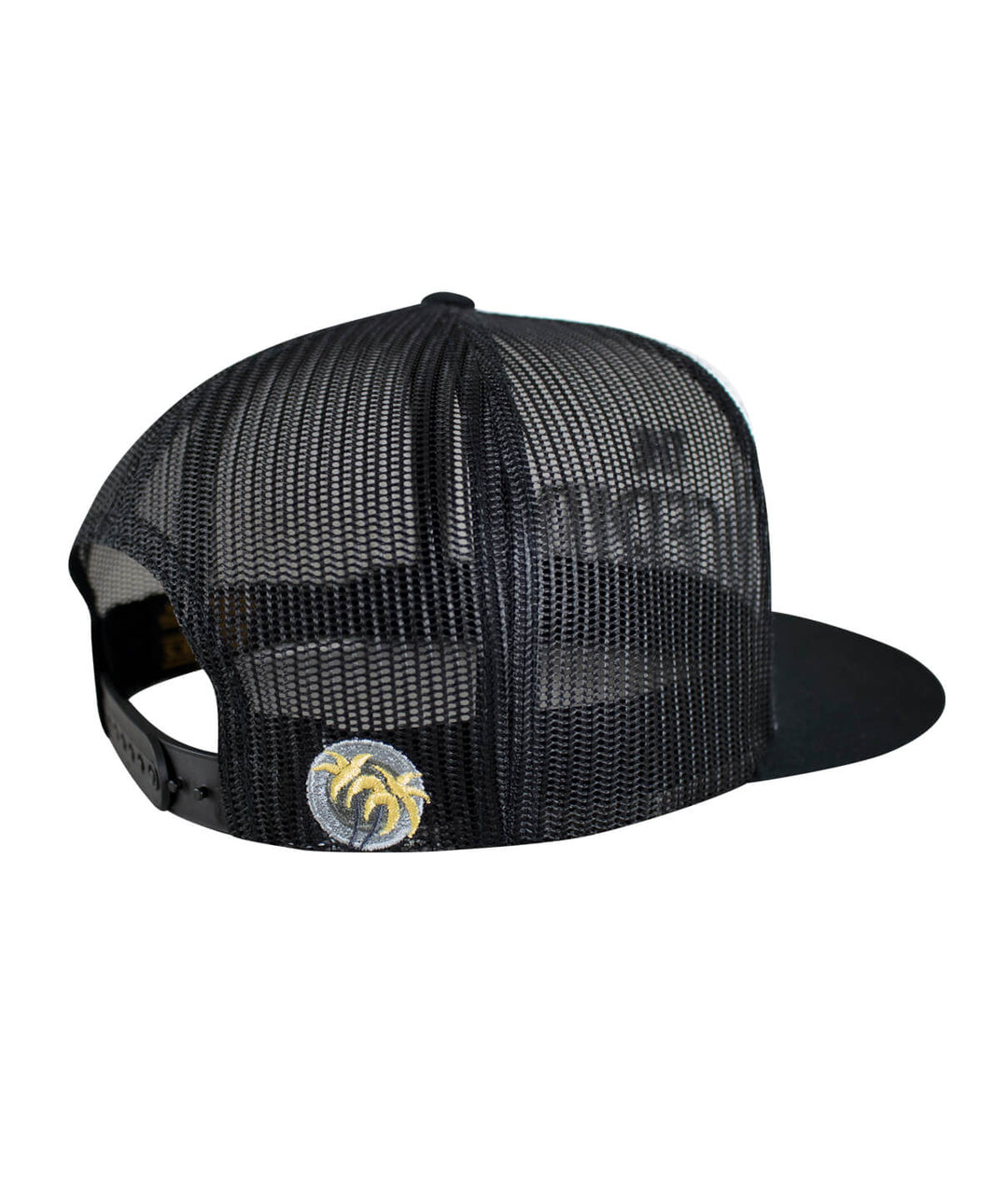 Back view of the Godfather trucker hat showcasing palm logo detailing and mesh fabric.