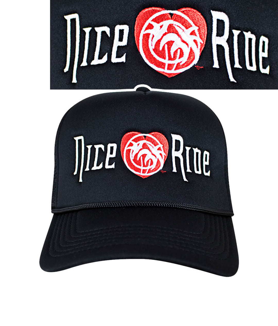 Romance Foam Trucker Hat featuring embroidered 'Romance' and NICERIDE logo, perfect hat for casual wear.