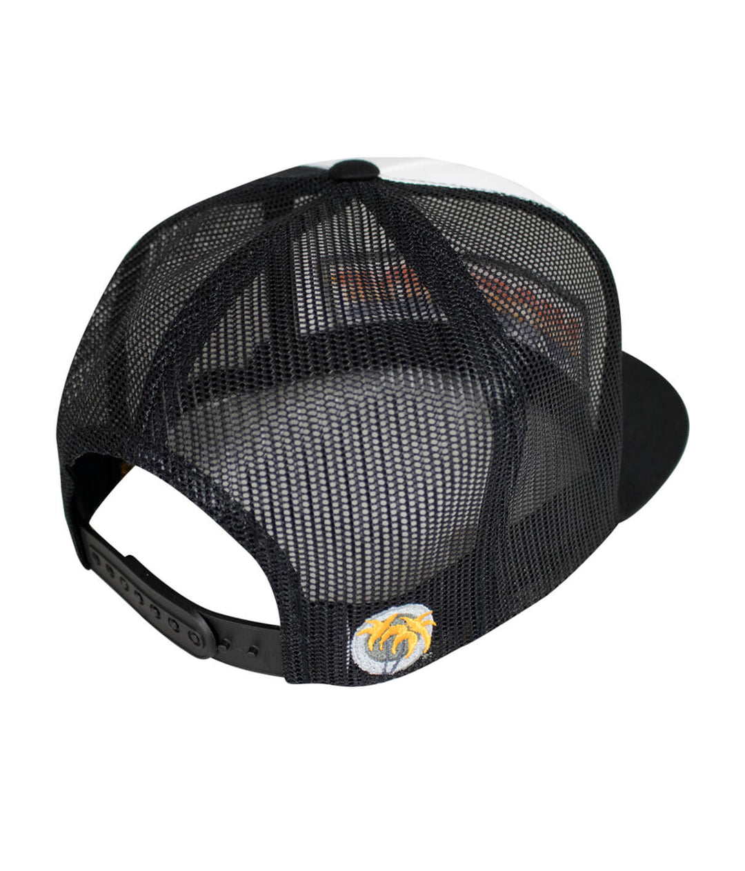 Back view of the AM-PM trucker hat showcasing black mesh and the Classic Palm embroidery.