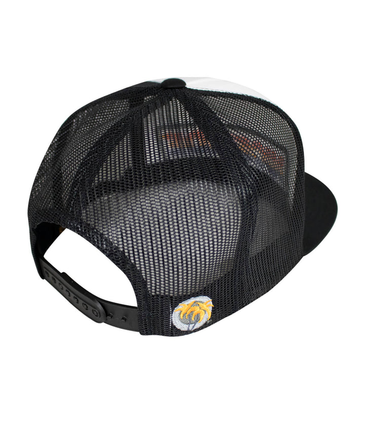 Back view of the AM-PM trucker hat showcasing black mesh and the Classic Palm embroidery.
