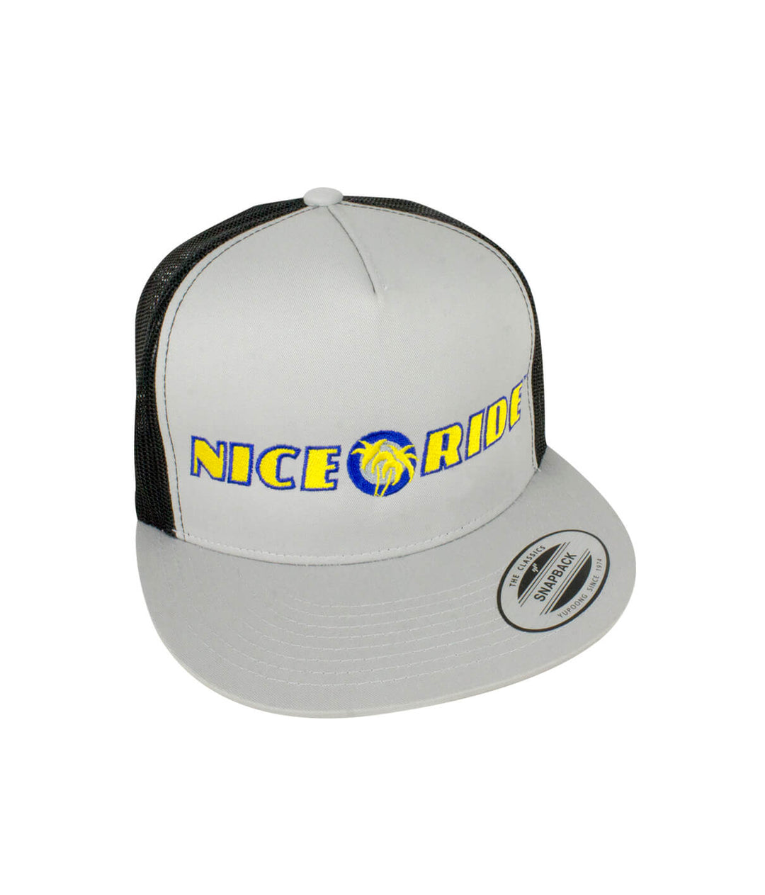 Zephir Trucker Hat by NICERIDE, grey snapback baseball hat with embroidered design and classic palm.