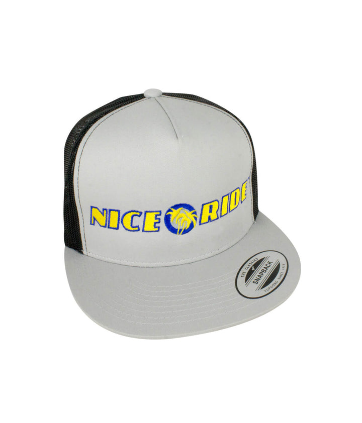 Zephir Trucker Hat by NICERIDE, grey snapback baseball hat with embroidered design and classic palm.