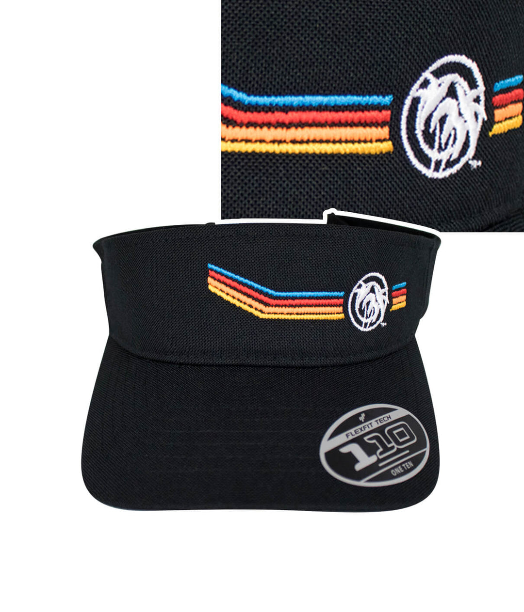 Black visor hat with embroidered stripes and logo, featuring a moisture-wicking design for comfort.