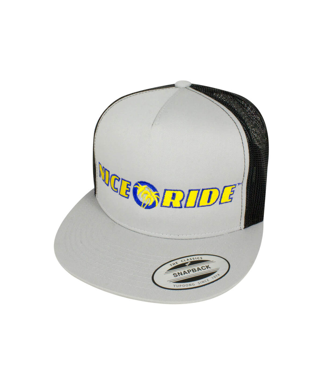 Zephir Trucker Hat featuring NICERIDE embroidery on the front, stylish snapback baseball cap, perfect hat for outdoor wear.