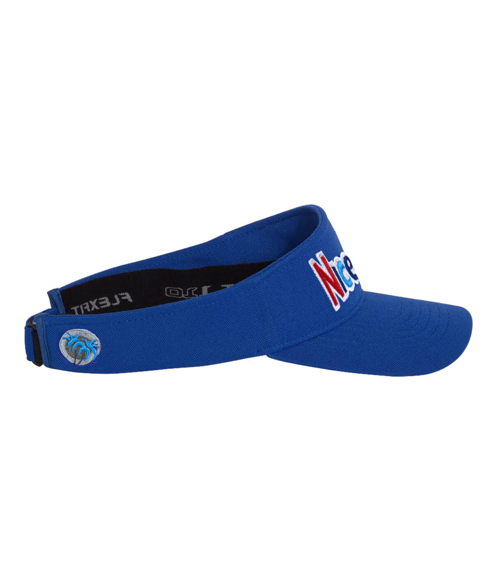 Blue "Smile" visor hat with NICERIDE logo, moisture-wicking, adjustable Flexfit® Tech, perfect for summer outings.