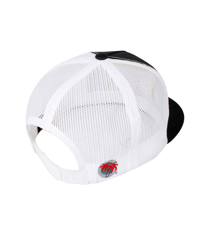 Back view of a Biscuit Trucker Hat showing mesh design and embroidered blacked out palm logo with red leaves.