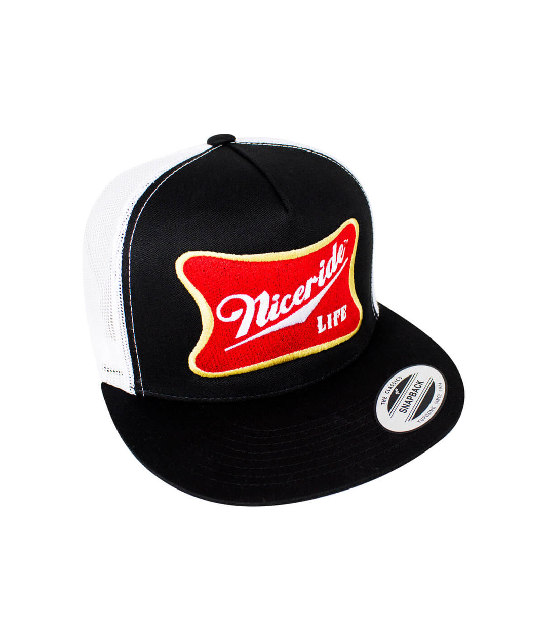 Biscuit Trucker Hat featuring NICERIDE design and classic palm logo, perfect fitted hat for casual wear.