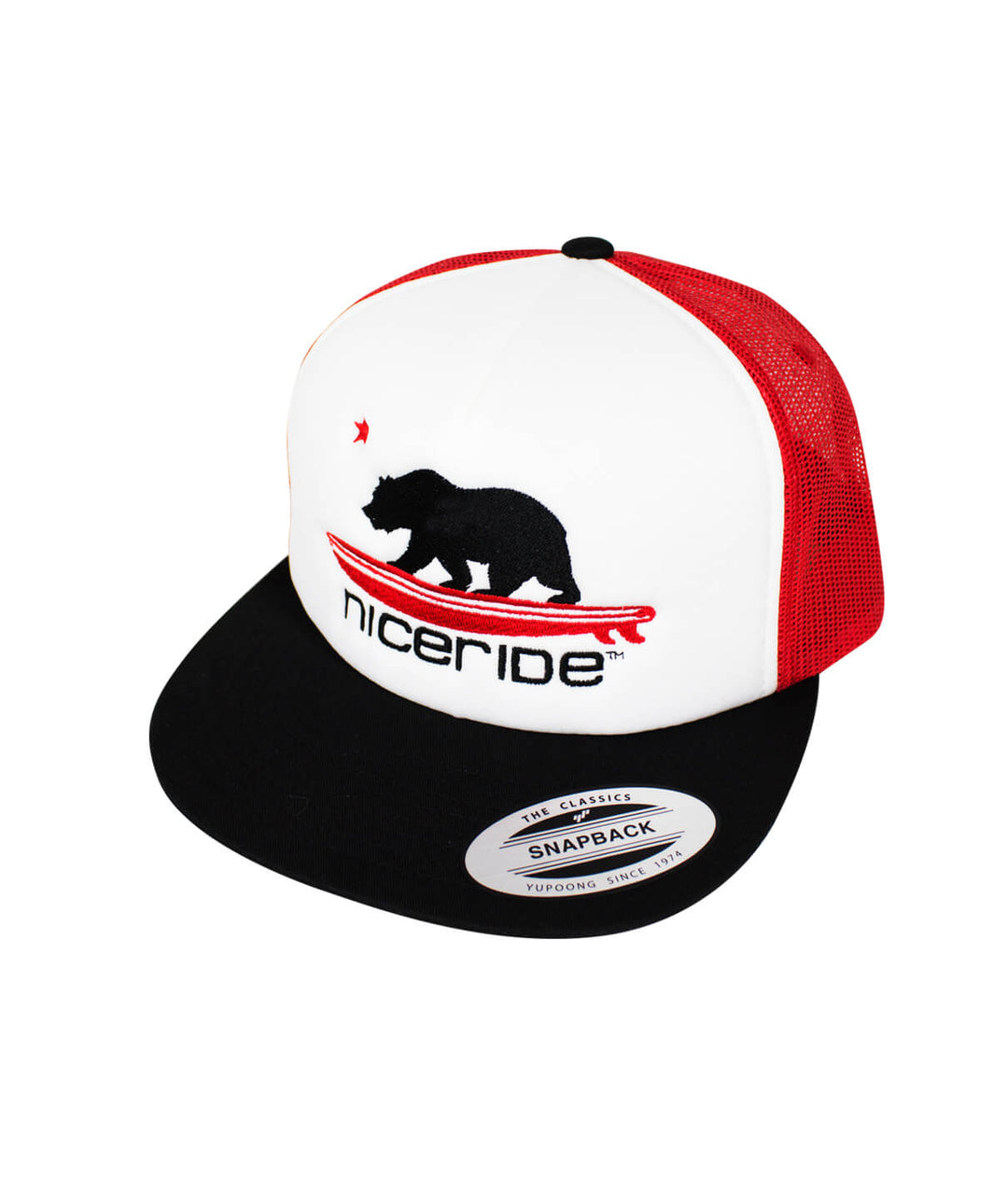 Hang 20 Flat Bill Foam Trucker Hat with black bear design and red mesh back, perfect hat for casual wear.