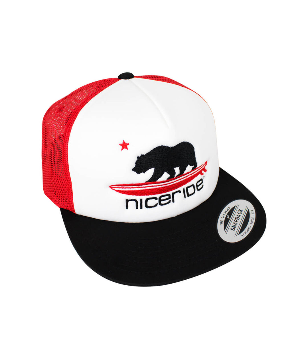 Hang 20 Flat Bill Foam Trucker Hat with bear design and NICERIDE logo in red, perfect hat for stylish outdoor wear.