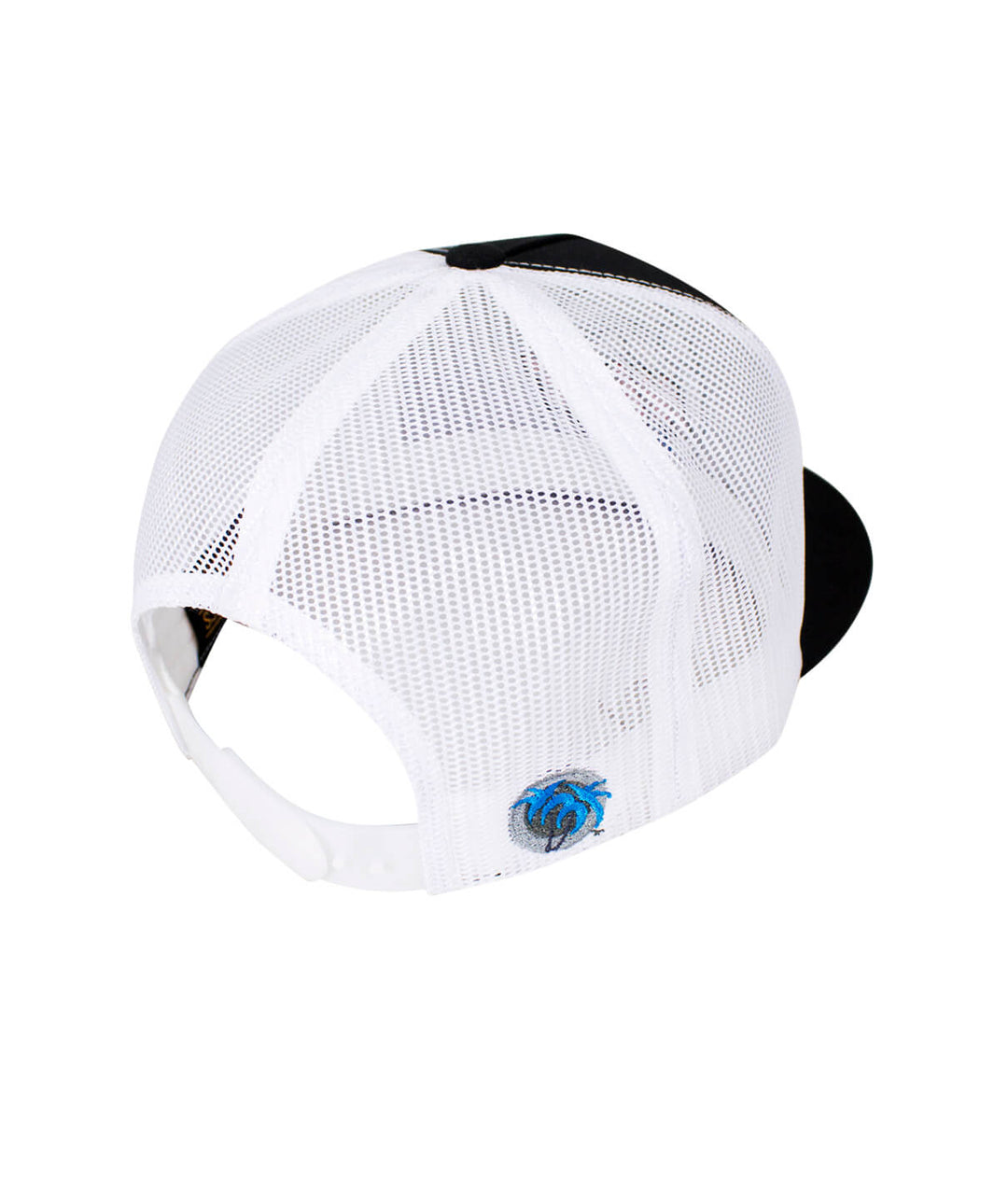 Back view of the "Choo Choo" trucker hat showing mesh design and blue palm logo on the side.