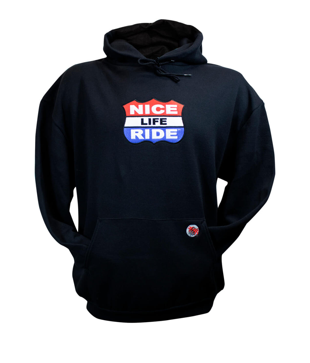 Black pullover hoodie for men and women with NICE LIFE RIDE design, perfect casual wear hoodie.