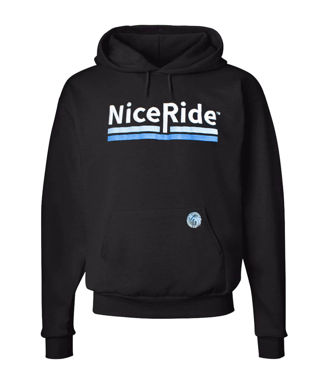 Black pullover hoodie with NICERIDE logo, ideal for stylish and comfortable wear, perfect hoodie for men and women.