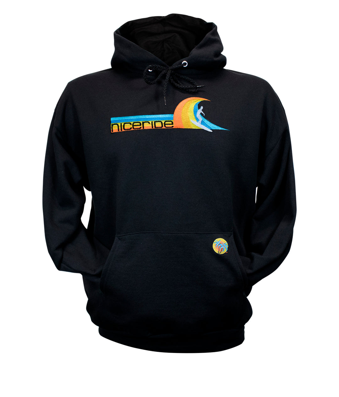 Tasty Waves black unisex pullover hoodie with NICERIDE design and palm logo on pocket, perfect comfortable hoodie for all-day wear.