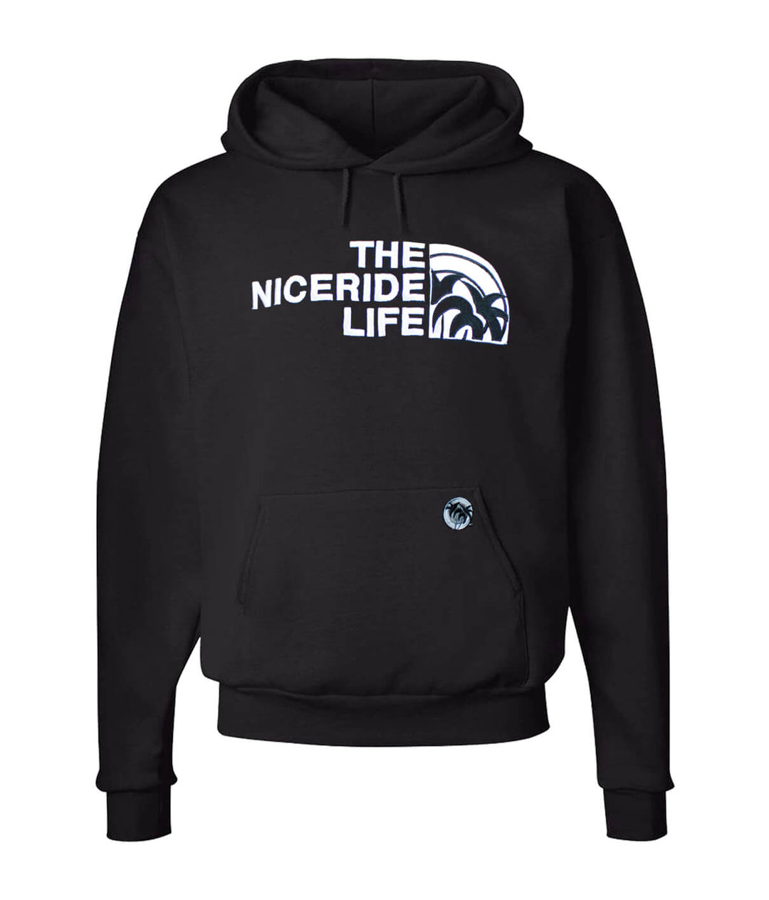 Unisex black hoodie featuring NICERIDE design, perfect for casual wear and comfort.