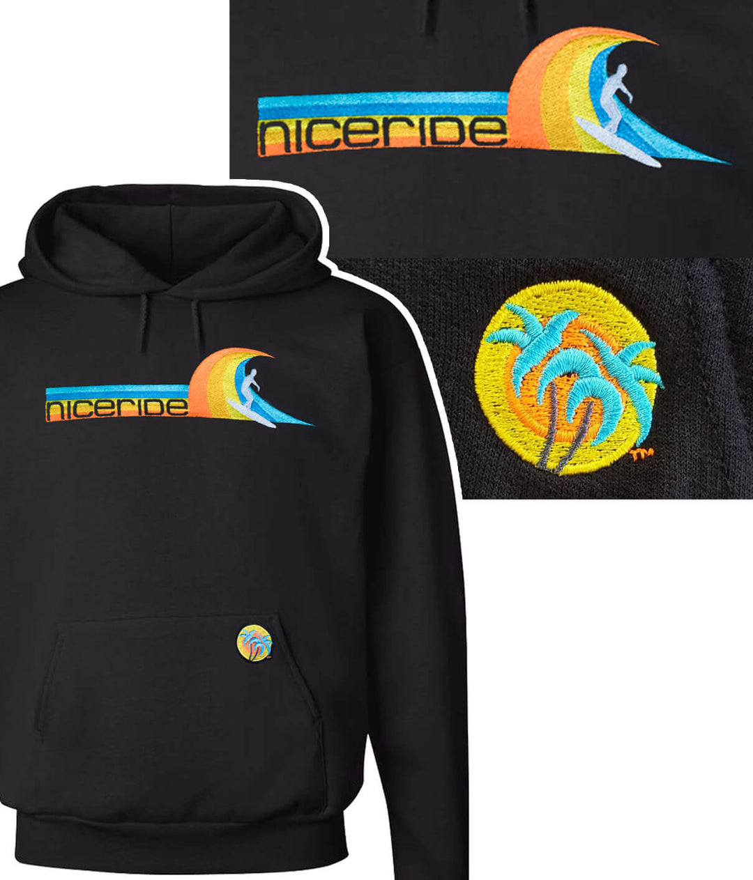 Black pullover hoodie featuring NICERIDE's Tasty Waves design and classic palm logo, perfect unisex hoodie for all day wear.