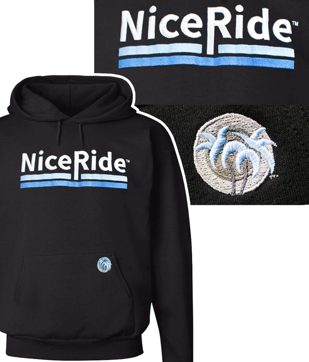 Black pullover hoodie featuring NICERIDE logo and palm logo, perfect for all ages, stylish and comfortable hoodie.