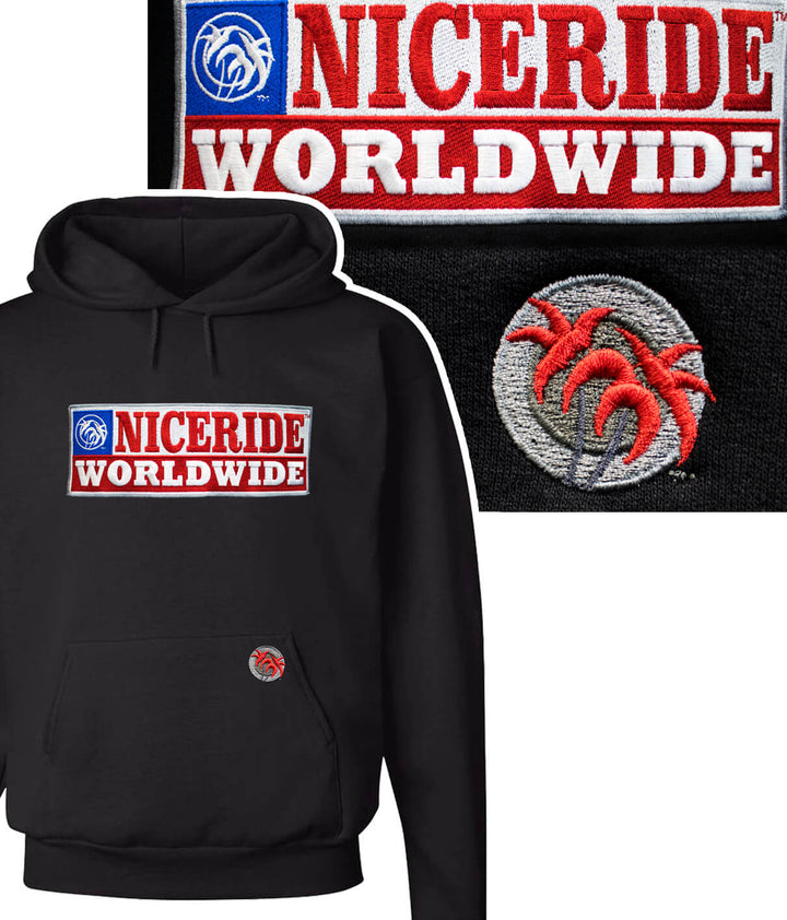 Black pullover hoodie featuring NICERIDE&