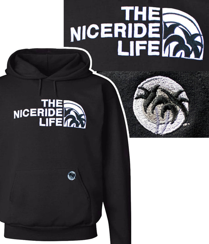 Unisex black hoodie featuring NICERIDE design with palm logo and classic fit, perfect for casual wear.