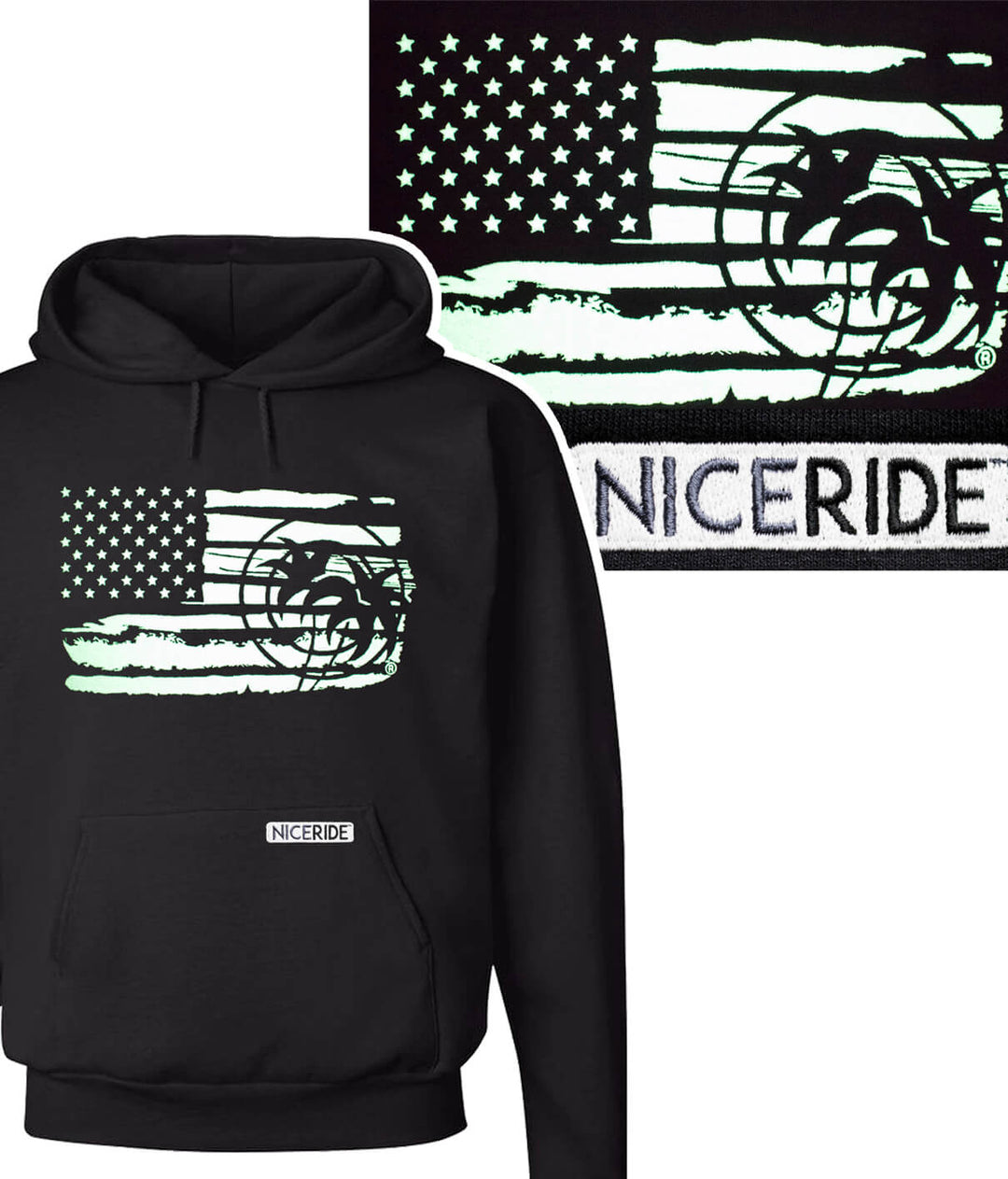 Strong Faded hoodie featuring the American flag design embroidered on a black pullover for men and women.