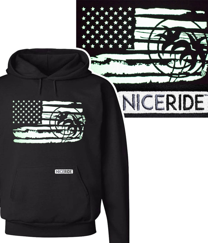 Strong Faded hoodie featuring the American flag design embroidered on a black pullover for men and women.