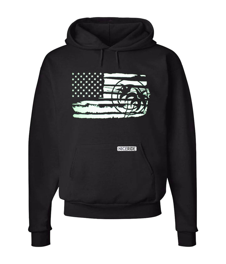 Black pullover hoodie featuring American flag and NICERIDE&