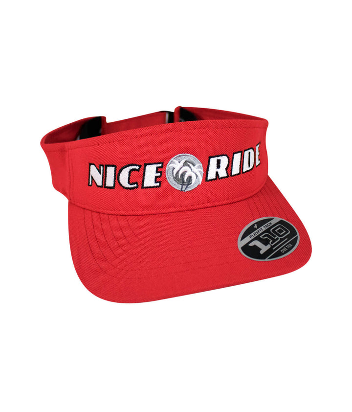 Red visor hat featuring NICERIDE design with adjustable closure for comfort and style.