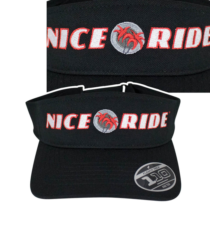 Black visor hat featuring NICERIDE embroidered logo on the front, perfect for outdoor activities.