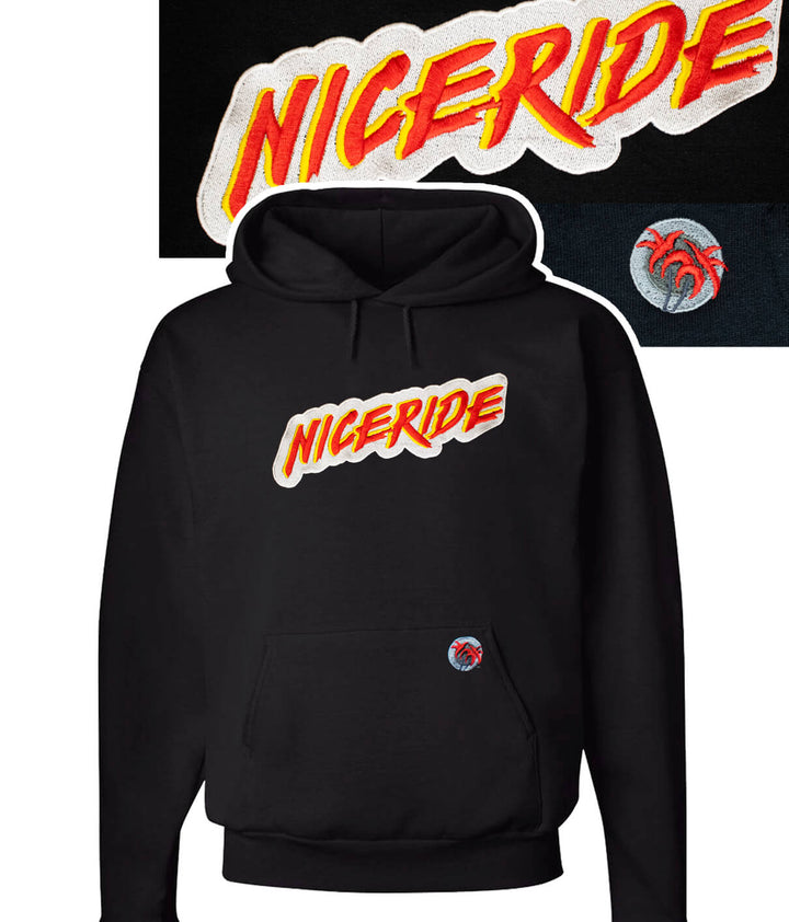 NICERIDE black pullover hoodie featuring bold embroidery and Classic Palm logo on pocket