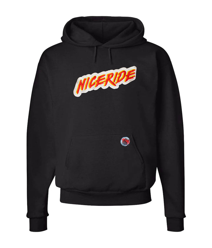 NICERIDE black unisex pullover hoodie with bold logo and front pocket design.
