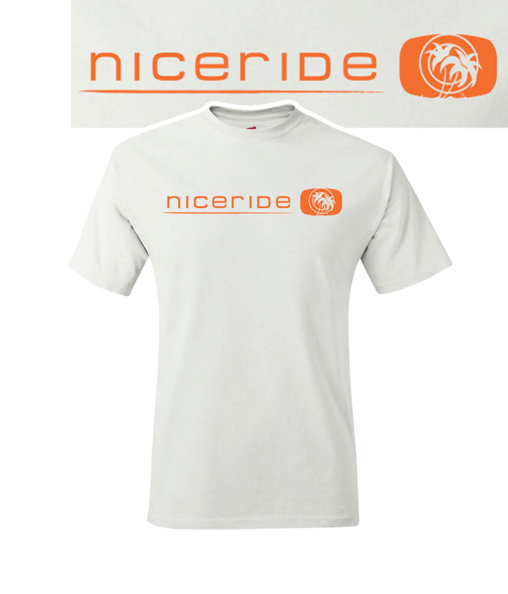 Hanes Cotton Blend Short Sleeve T-Shirt in white with NICERIDE logo, perfect for indoor or outdoor activity.