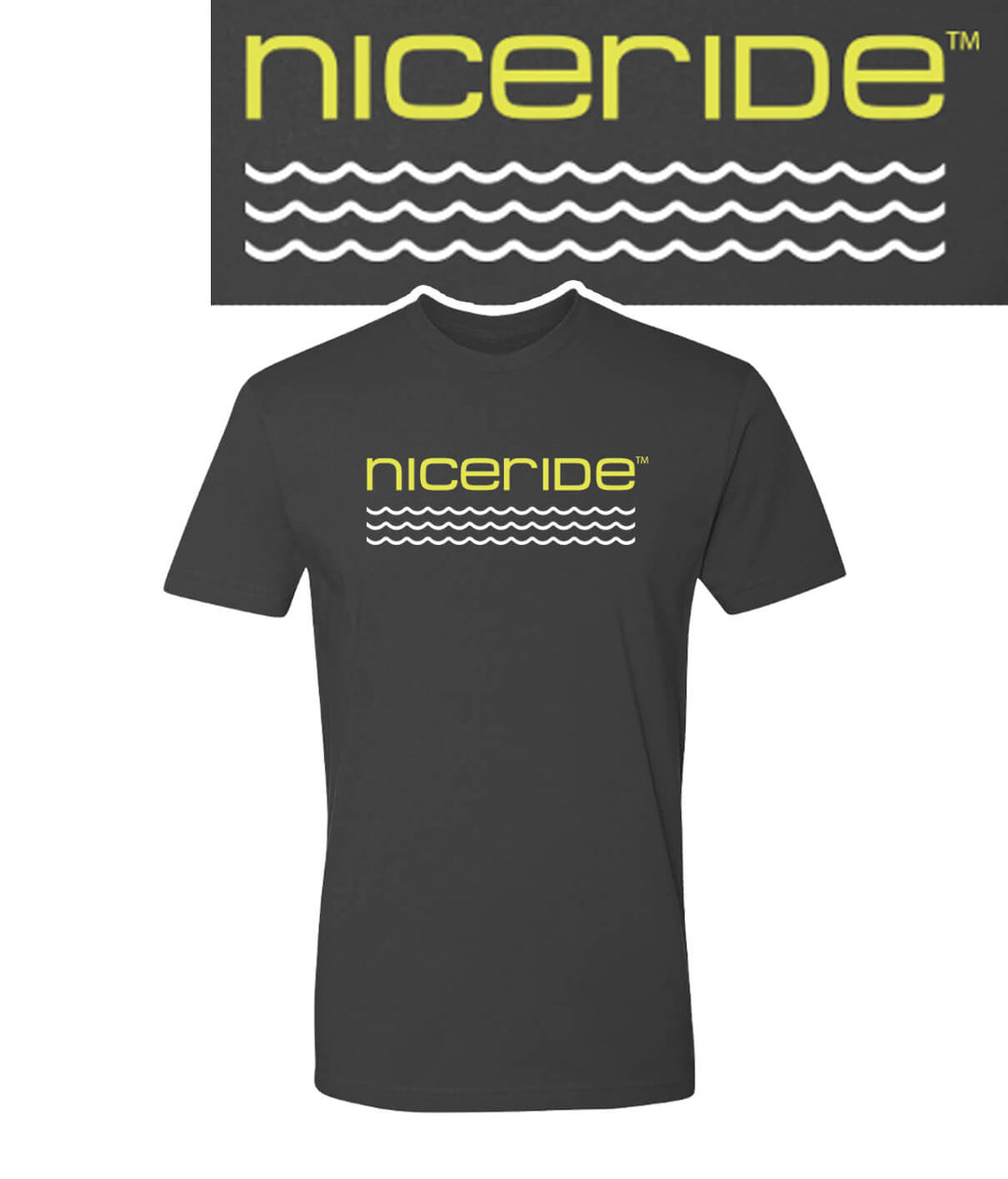 NICERIDE men's charcoal t-shirt with yellow logo and wave design, made of 100% cotton.
