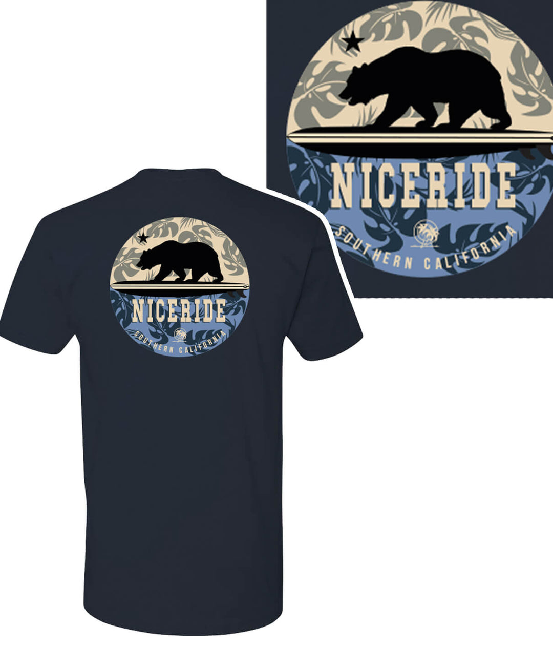 Bear Back Ride shirt featuring a California bear design on dark navy background, quality cotton fabric, part of NICERIDE collection.