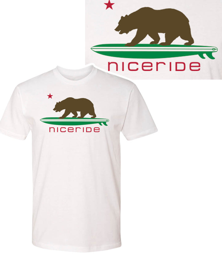 Hang 20 Mens 100% Cotton Short Sleeve T-Shirt with NICERIDE design and bear logo in multiple colors.