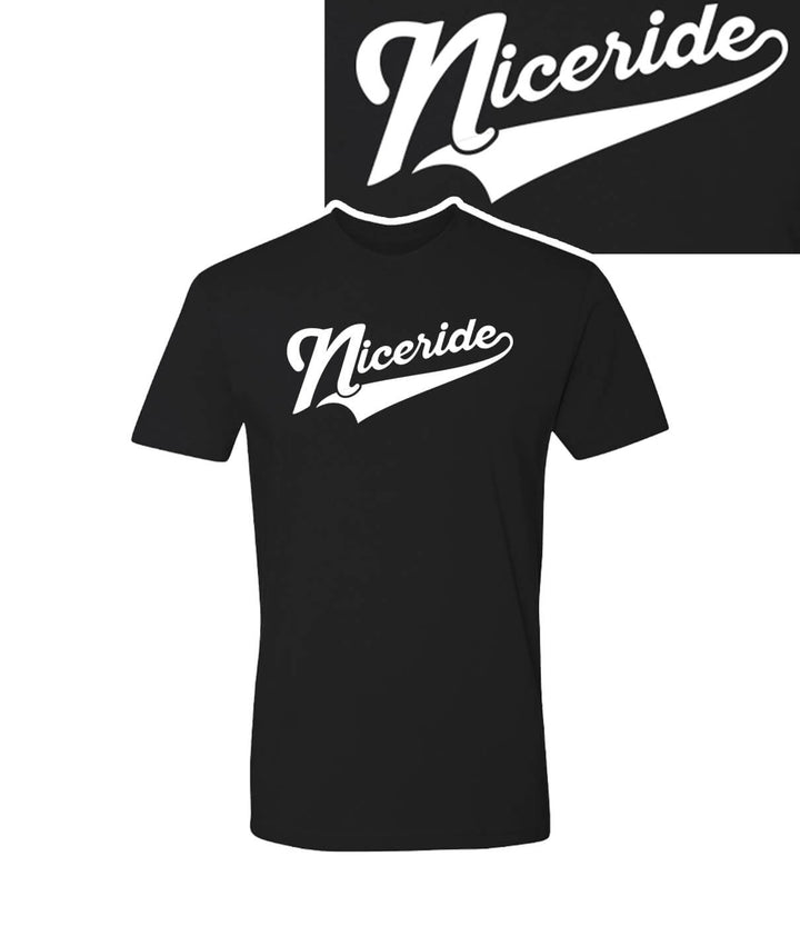 Play Ball shirt featuring NICERIDE in baseball style font on a black 100% cotton t-shirt.