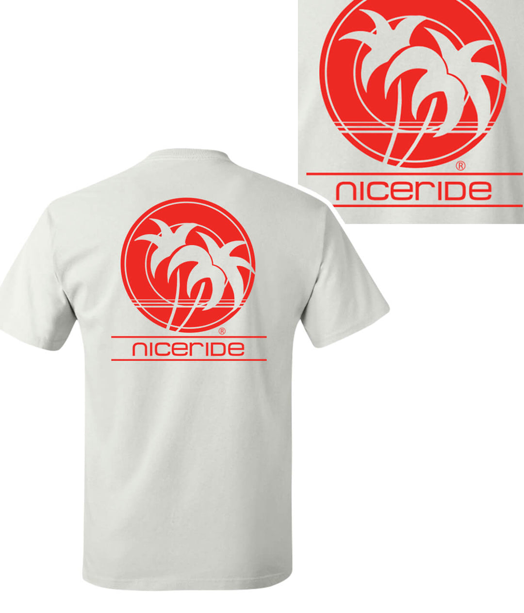 Hanes Men's White Short Sleeve Shirt featuring NICERIDE's Sunset Strip design on the back and left chest.