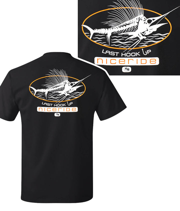 Last Hook Up black shirt with NICERIDE design printed on back and chest, a perfect shirt for all occasions.