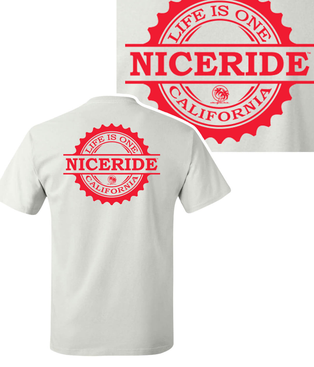 Bottoms Up Hanes Men's Cotton Blend Short Sleeve T-Shirt with NICERIDE design on back and left chest.
