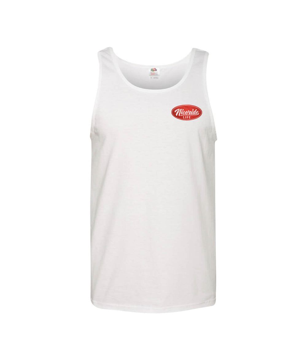 Horsepower - White Fruit Of The Loom Men's Tank Top with NICERIDE logo on left chest.