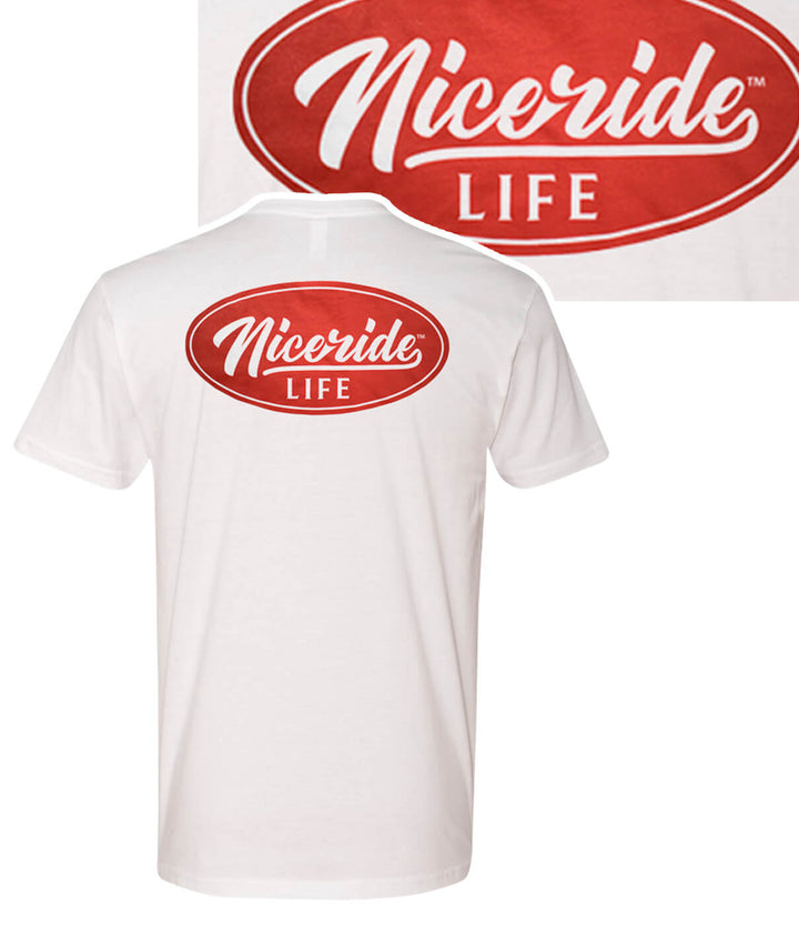 NicRide Life white shirt featuring red logo design on the back, showcasing premium cotton quality and stylish appeal.