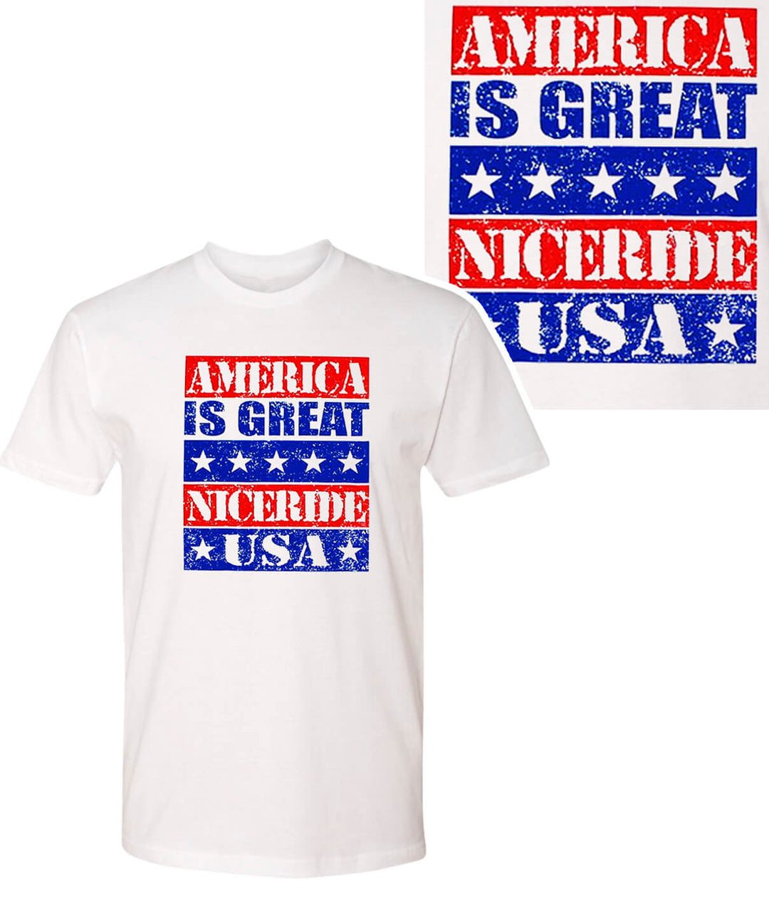 America is Great men's quality cotton white shirt featuring 'NICERIDE USA' slogan and stars design.