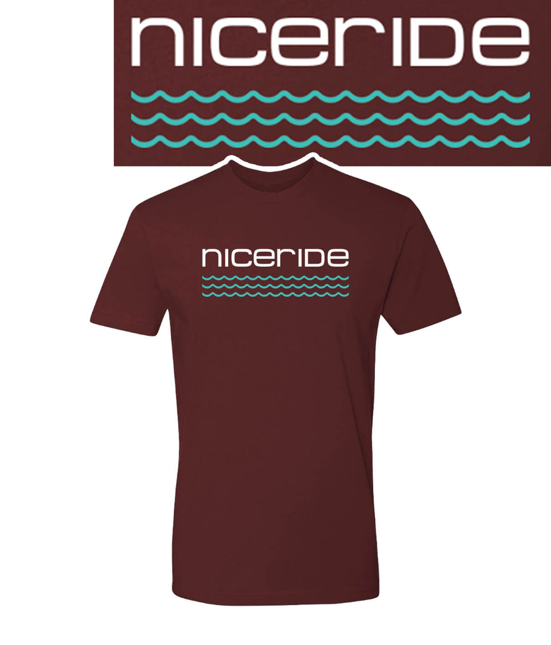 On The Water maroon NICERIDE Men's 100% Cotton Short Sleeve T-Shirt with white logo, perfect for outdoor occasions.