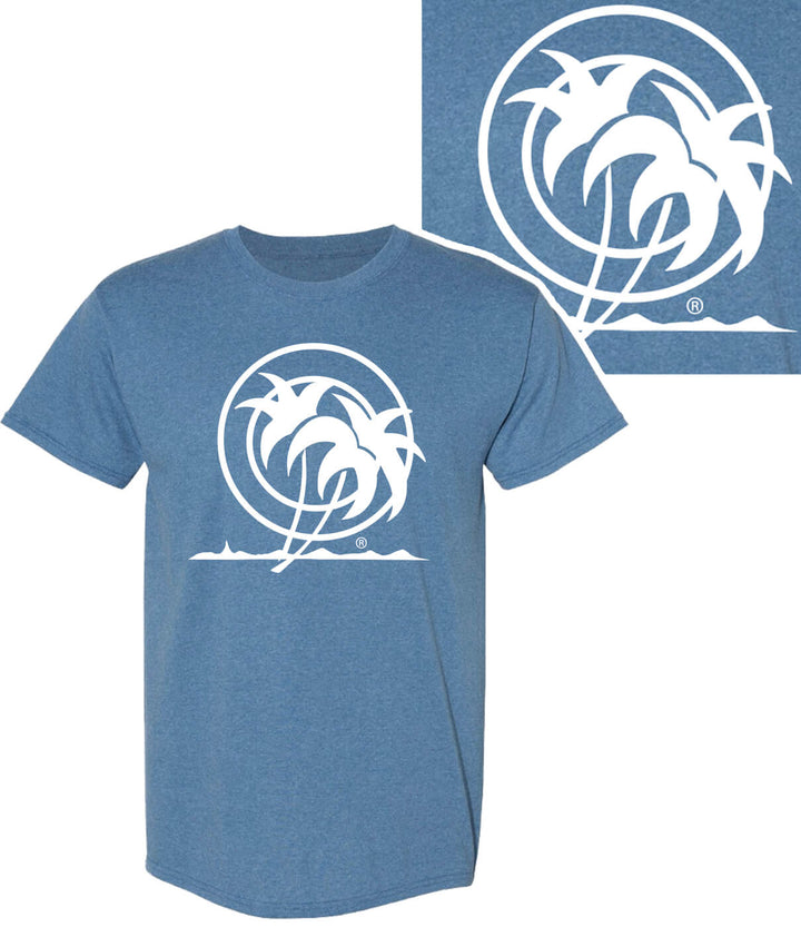 Classic Palm t-shirt for men in blue featuring palm tree logo on front and back.