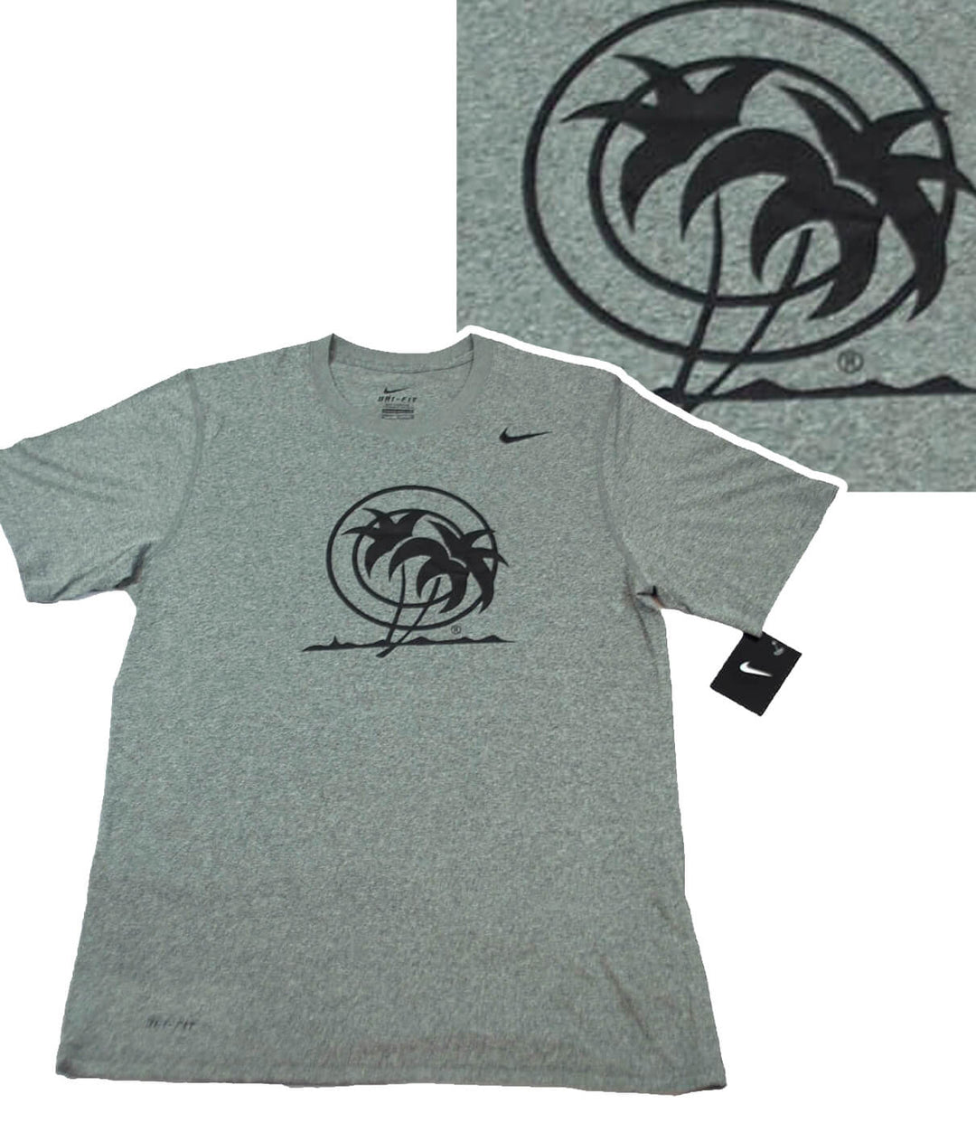 Classic Palm - NIKE Dri-Fit shirt featuring palm tree logo on a gray background, ideal for various activities and seasons.