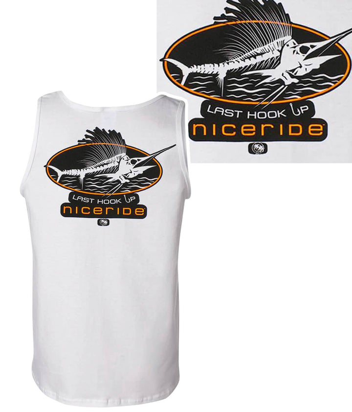 Last Hook Up tank top featuring NICERIDE logo on the back, ideal for fishing enthusiasts.