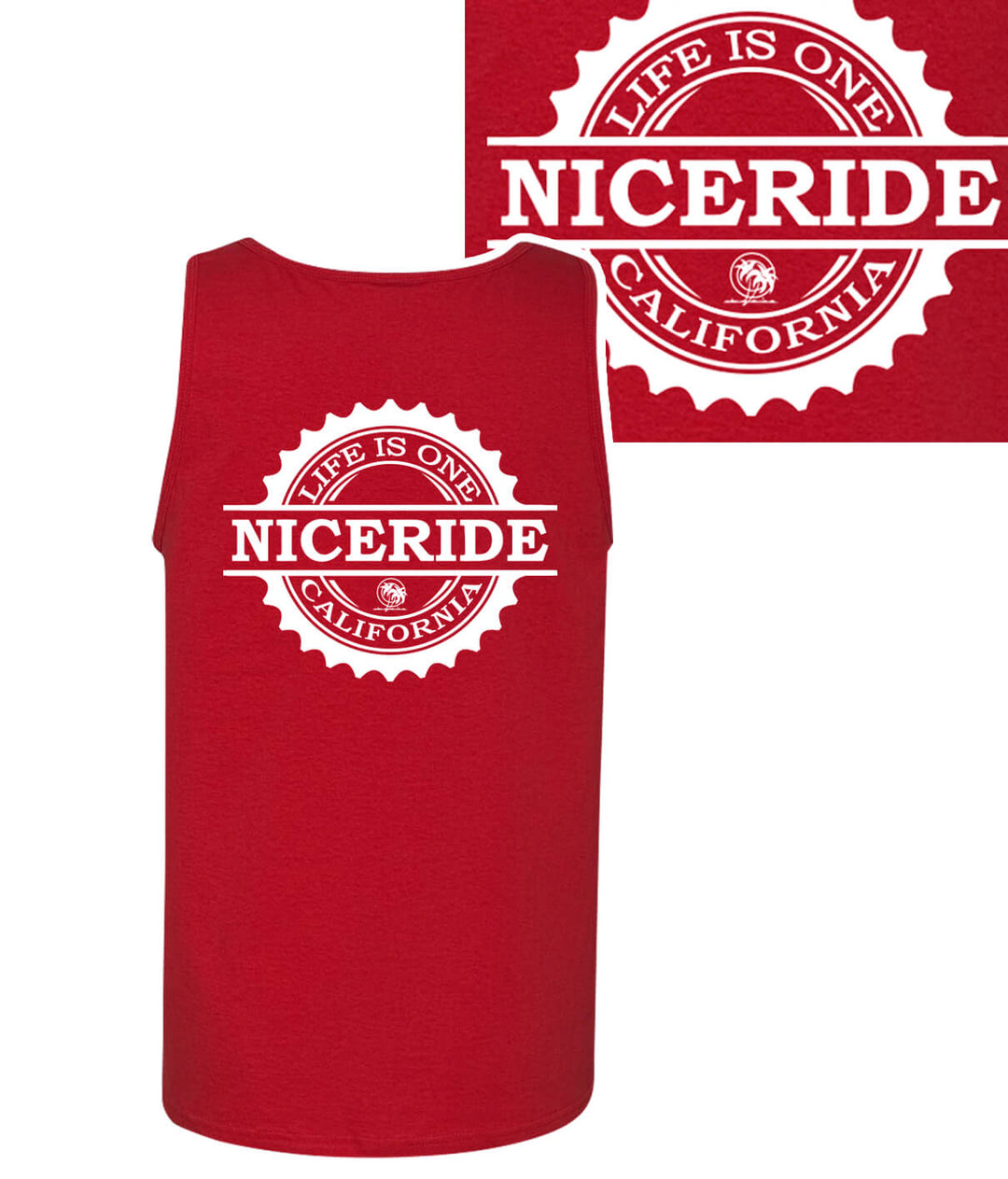 Bottoms Up red tank top featuring NICERIDE logo on back, perfect for outdoor activities and casual wear.